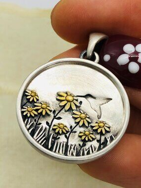 Bird & Daisy Pendant, Two Tone Nature Charm, Flying Bird Necklace Pendant
